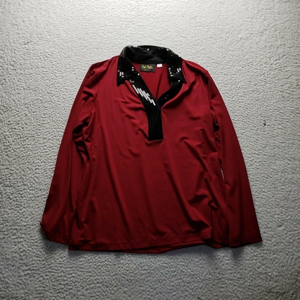 Bob Mackie Blouse Womens M Red Collared Long Sleeve Sequin Pullover Jersey Top